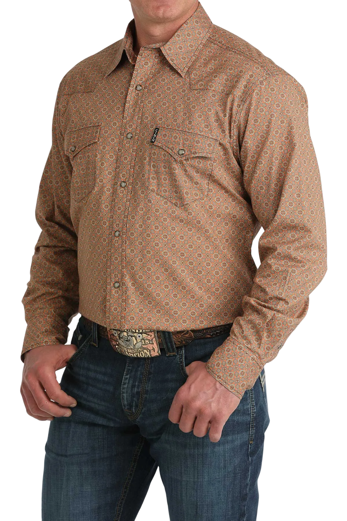 CINCH MENS LONG SLEEVE PRINT WESTERN SHIRT - ORANGE