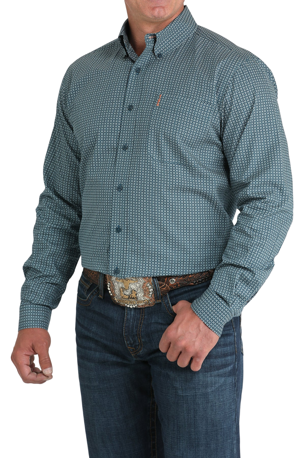 Man wearing a patterned blue long sleeve button-down shirt and jeans on a transparent background 