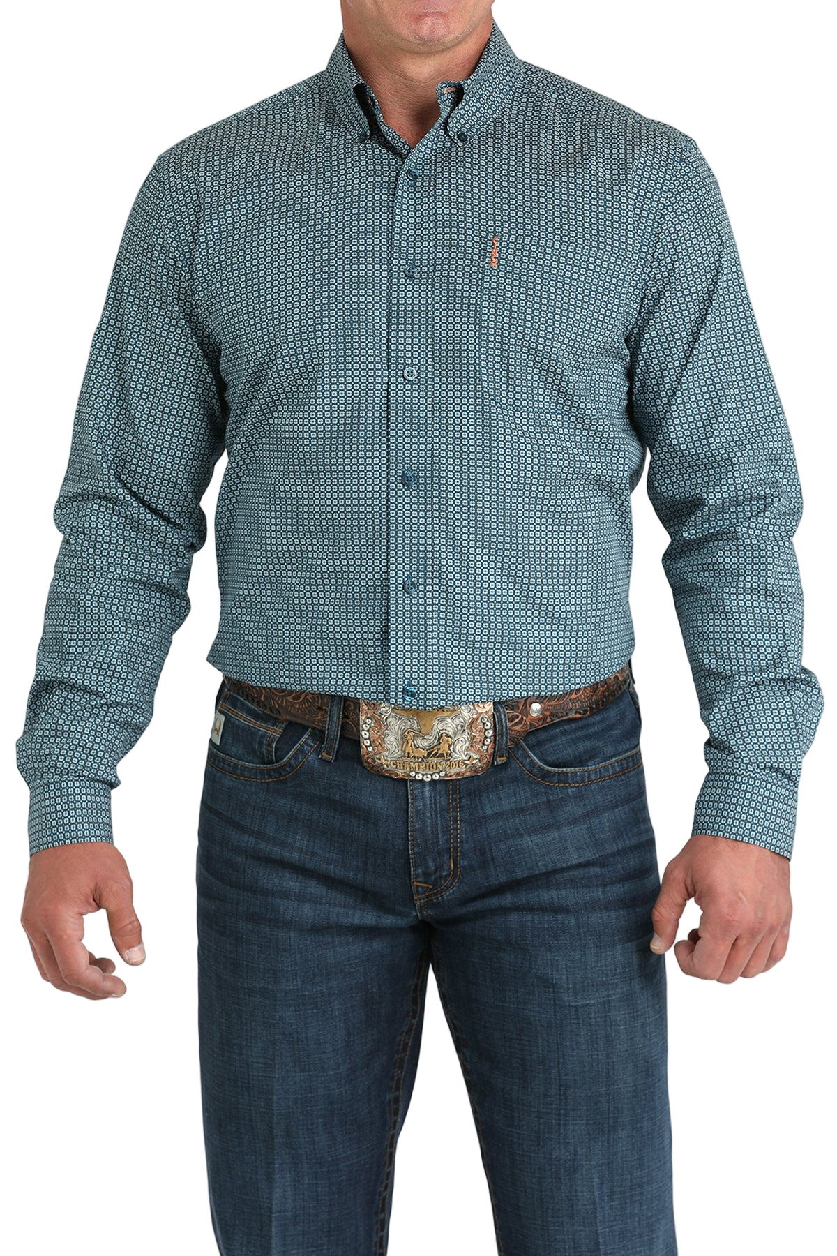 Man wearing a patterned blue long sleeve button-down shirt and jeans on a transparent background 