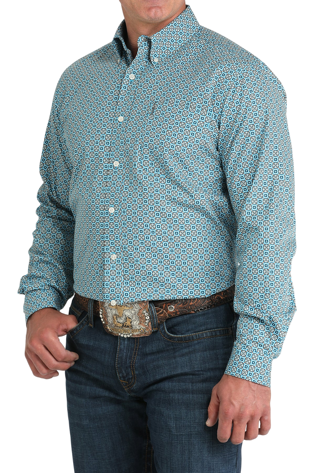 Man wearing a patterned blue long sleeve button-down shirt and jeans on a transparent background 
