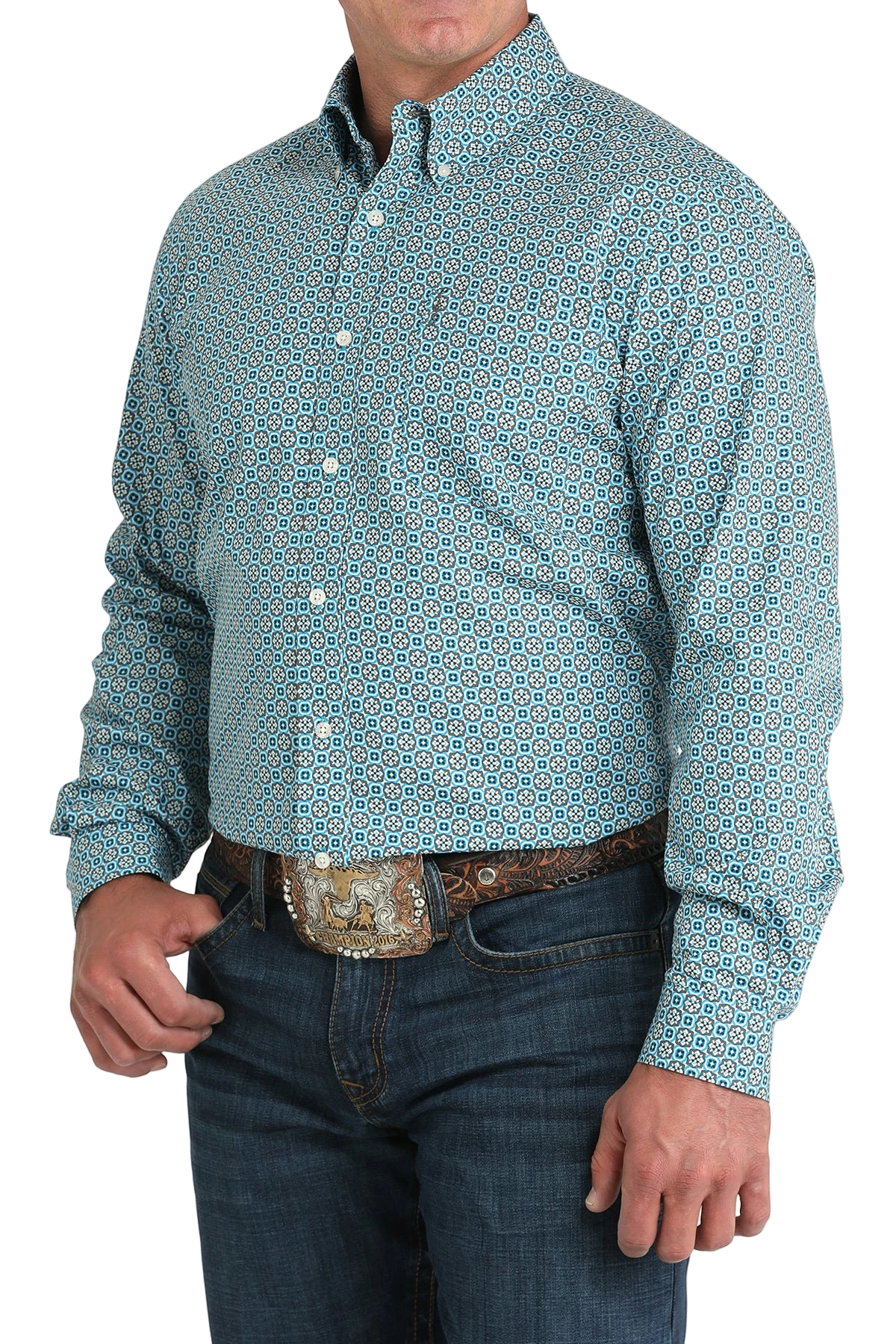 Man wearing a patterned blue long sleeve button-down shirt and jeans on a transparent background