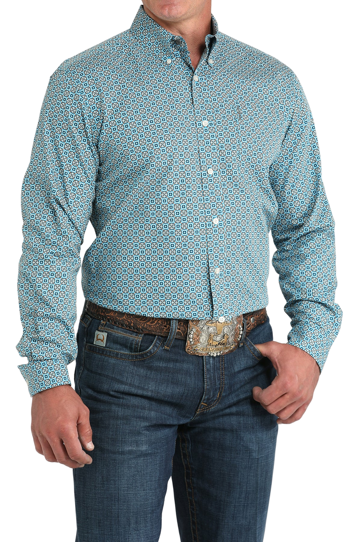 Man wearing a patterned blue long sleeve button-down shirt and jeans on a transparent background 