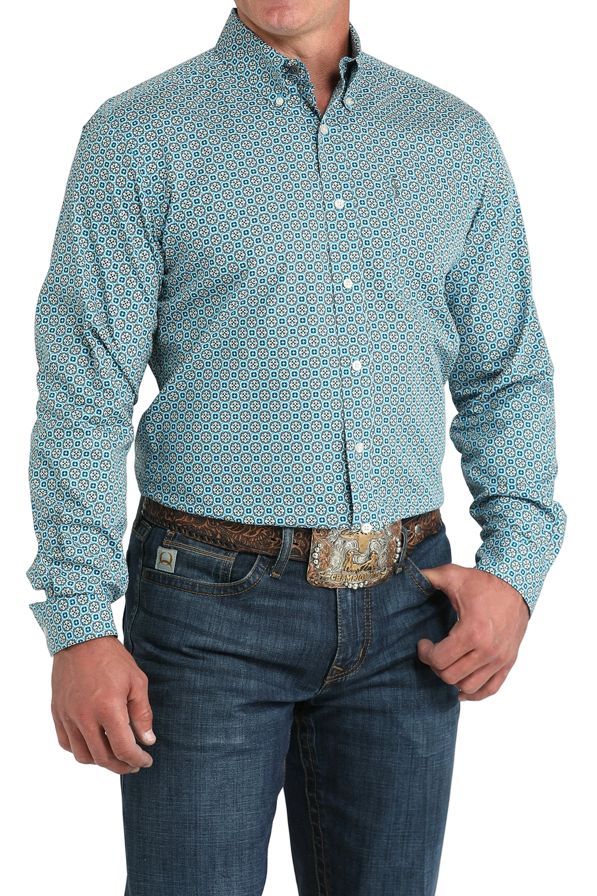Man wearing a patterned blue long sleeve button-down shirt and jeans on a transparent background