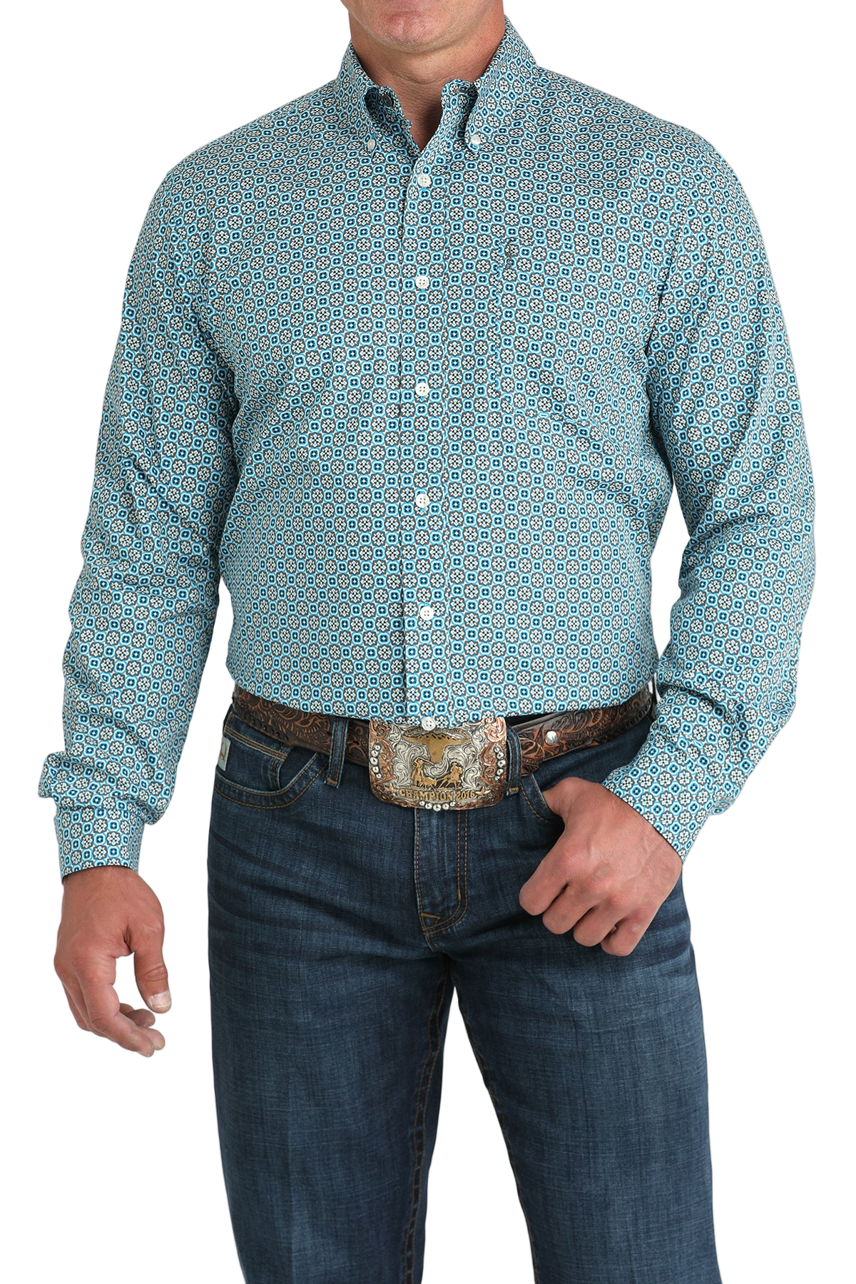 Man wearing a patterned blue long sleeve button-down shirt and jeans on a transparent background 