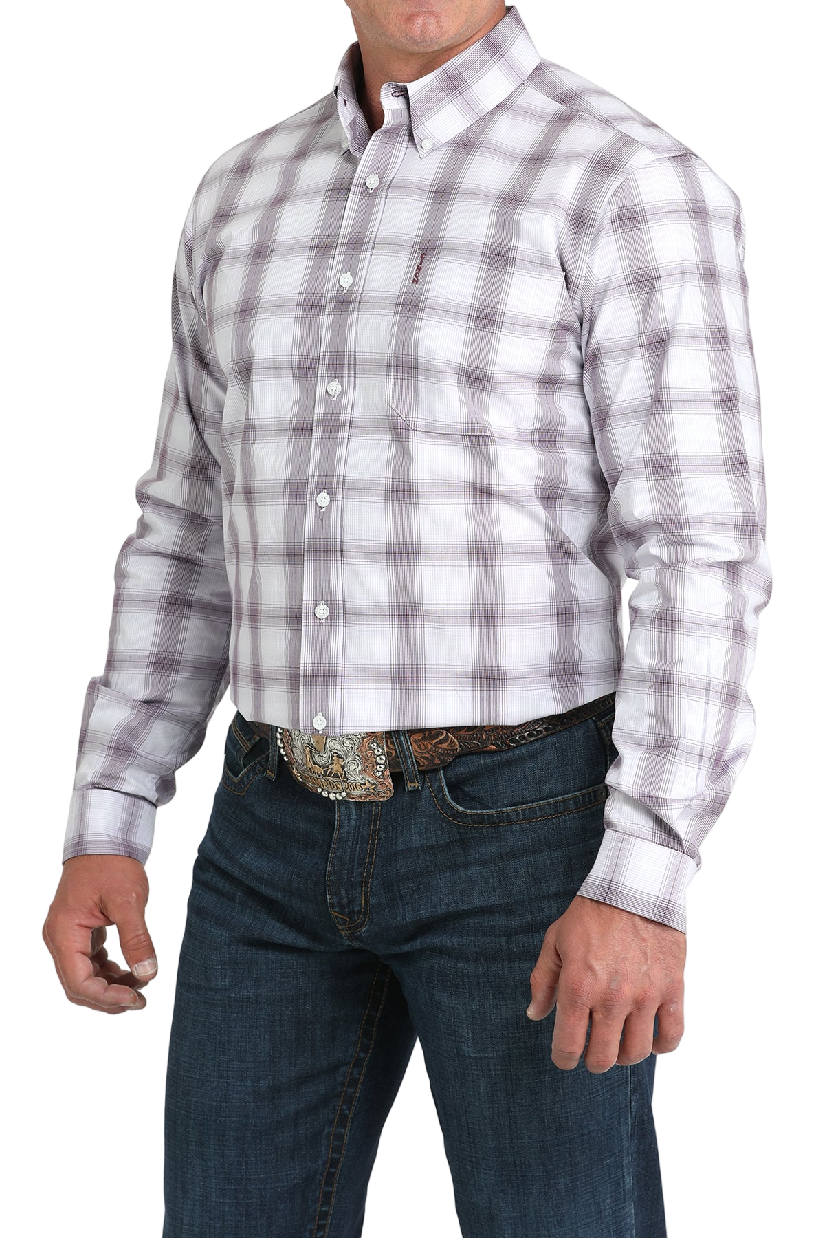 Man wearing a patterned white long sleeve button-down shirt and jeans on a transparent background 