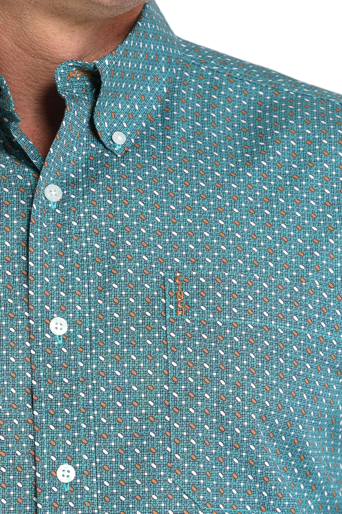 Close-up of a man wearing a patterned teal long sleeve button-down shirt on a transparent background 