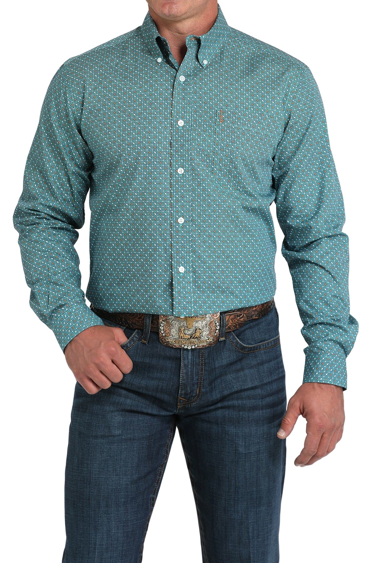 Man wearing a patterned teal long sleeve button-down shirt and jeans on a transparent background 