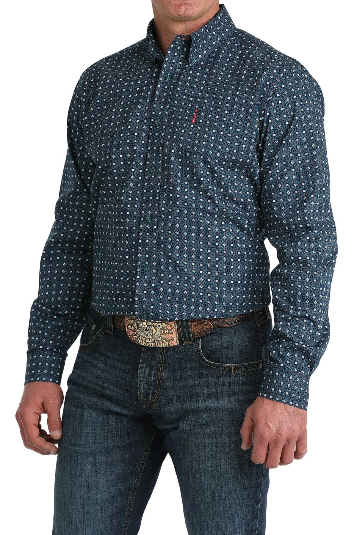 Man wearing a blue patterned shirt and jeans on a white background
