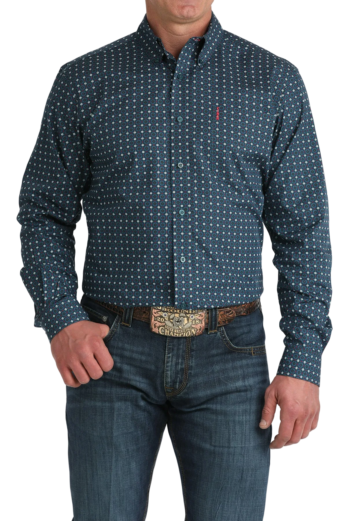 Man wearing a blue patterned shirt and jeans on a white background