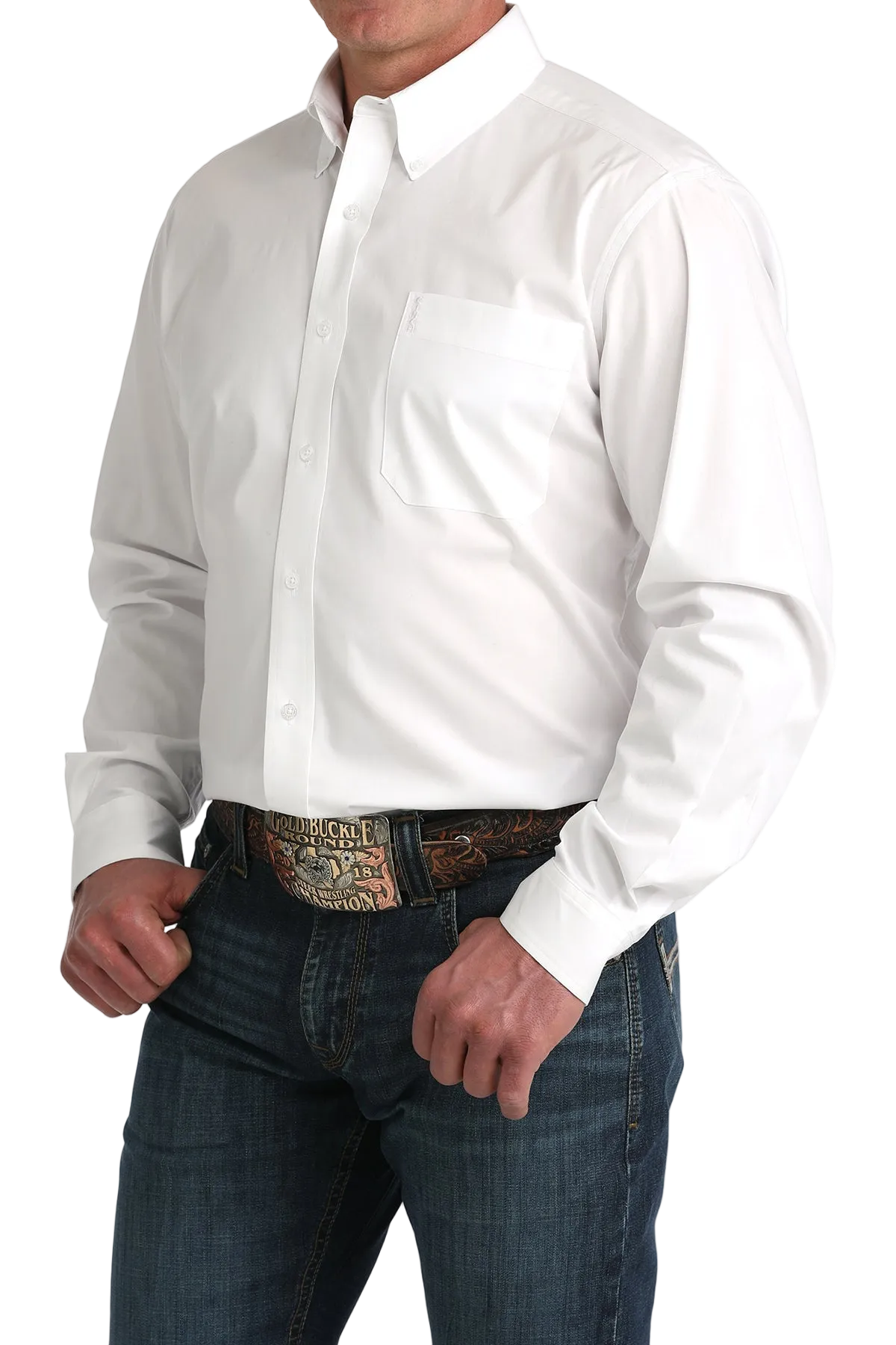 White dress shirt worn by a person with a belt and jeans on a white background