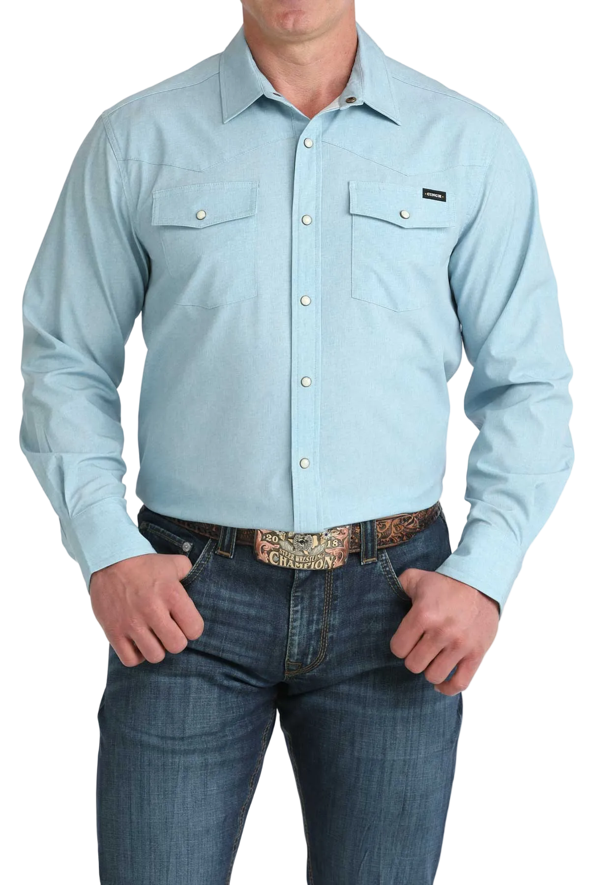 Light blue button-up shirt worn by a person on a white background