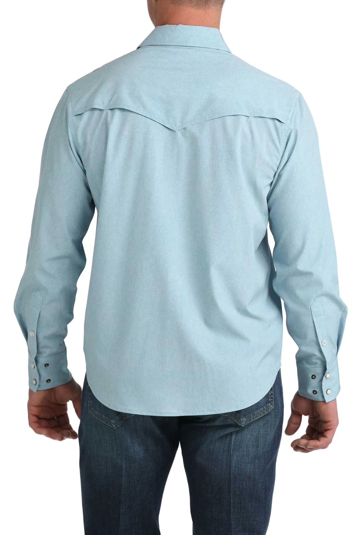 Light blue button-up shirt worn by a person on a white background