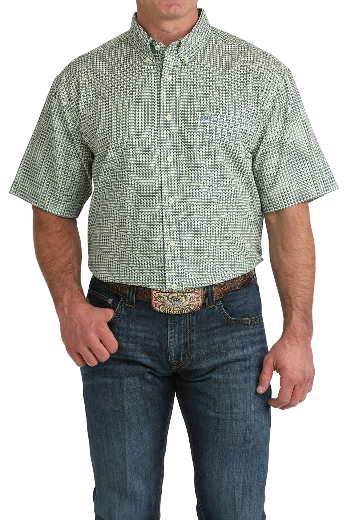Man wearing a green checkered shirt and blue jeans on a white background