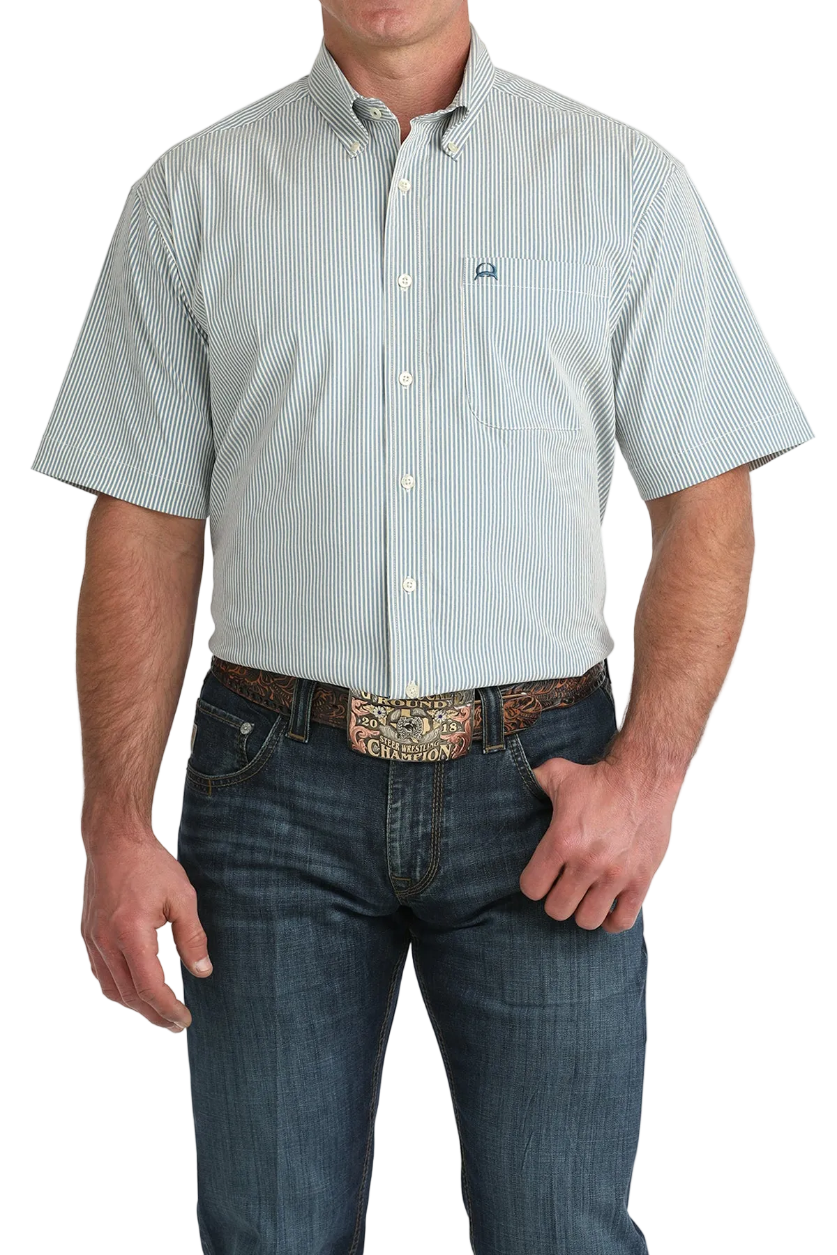 Man wearing a short-sleeve button-up shirt with a subtle pattern and jeans on a white background