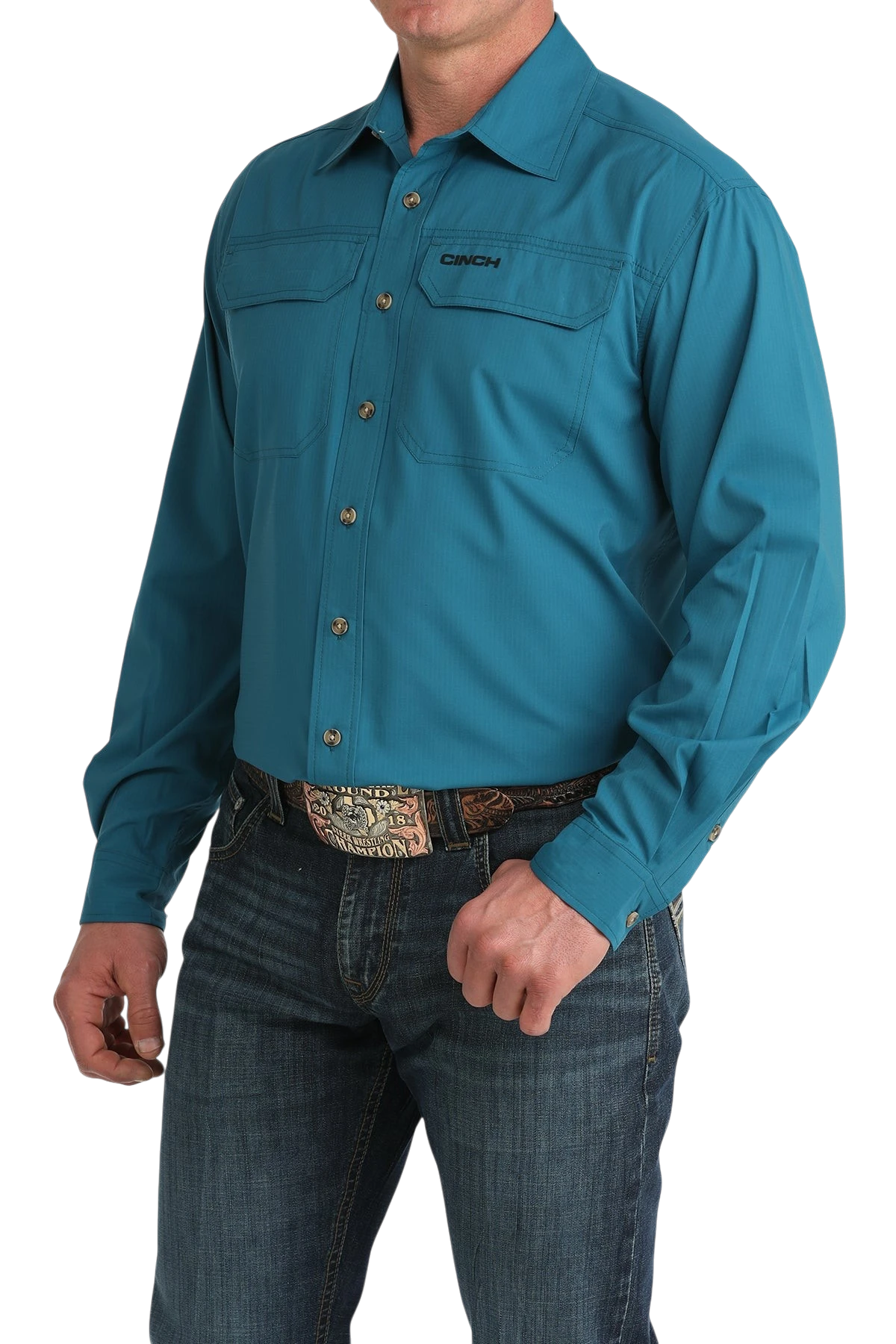 Go West Supply teal long sleeve poly-spandex Cinch shirt with two chest pockets and embroidered logo.