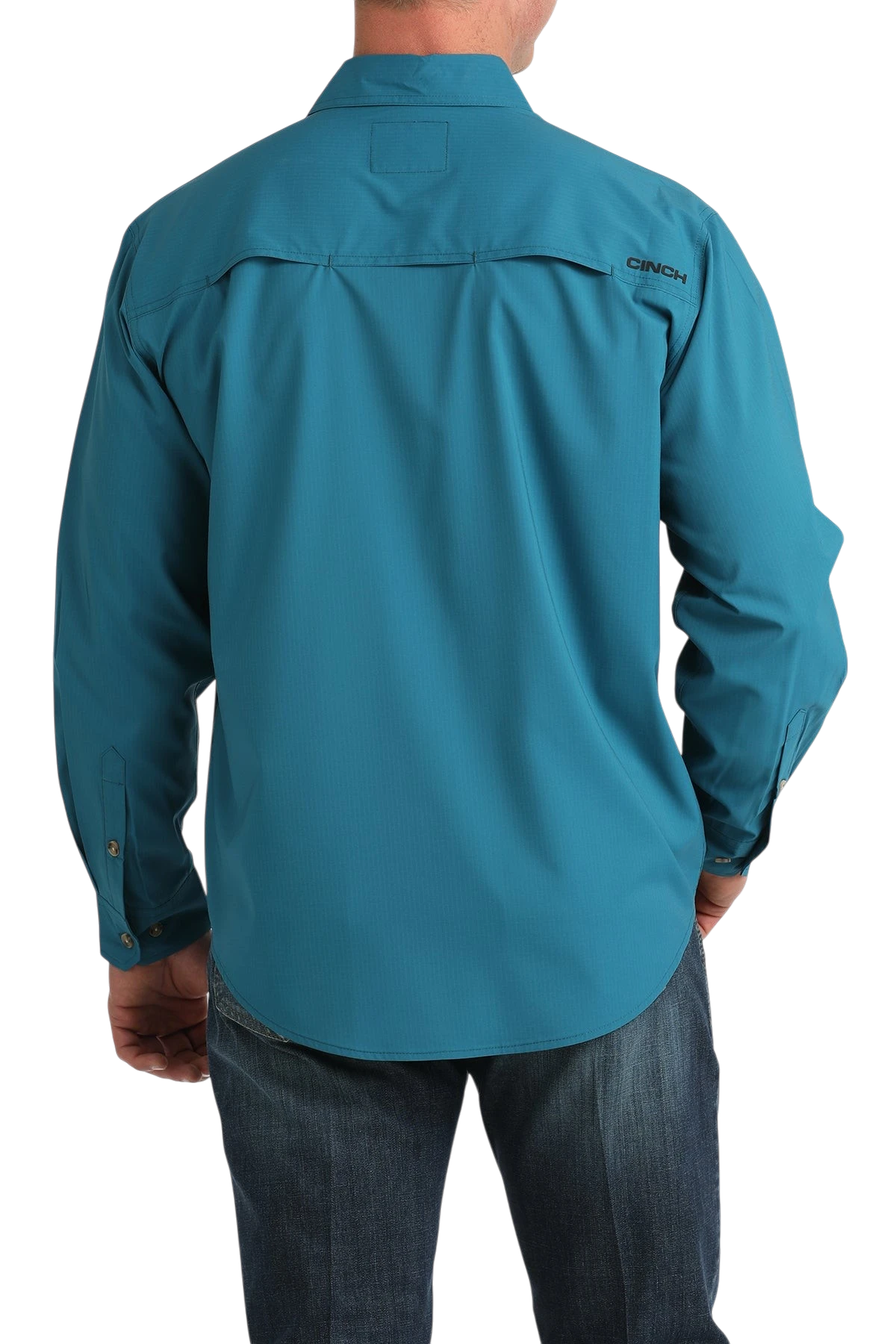 Go West Supply Men's Cinch long sleeve teal poly-spandex shirt with embroidered logo and vented back.