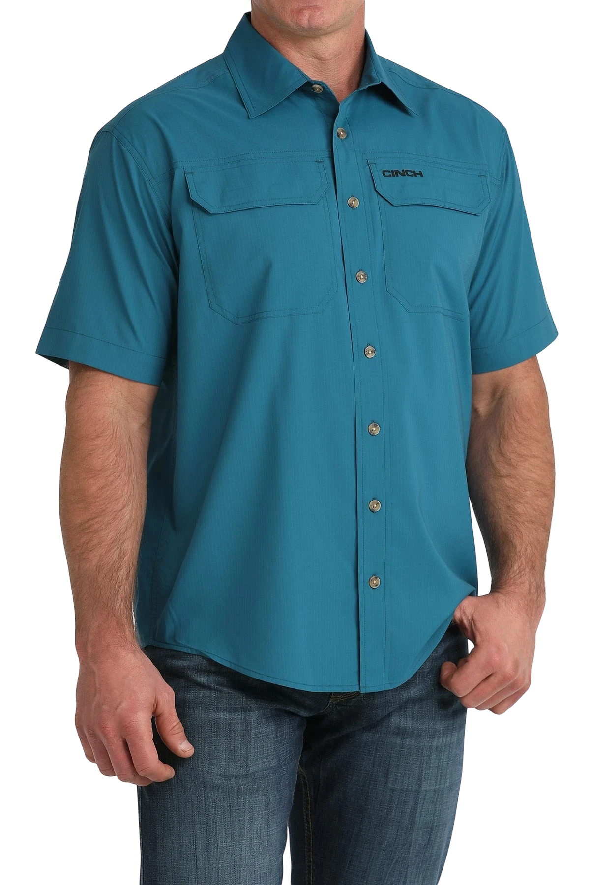 Go West Supply Men's short-sleeve teal poly-spandex button-down shirt with two chest pockets and embroidered logo.