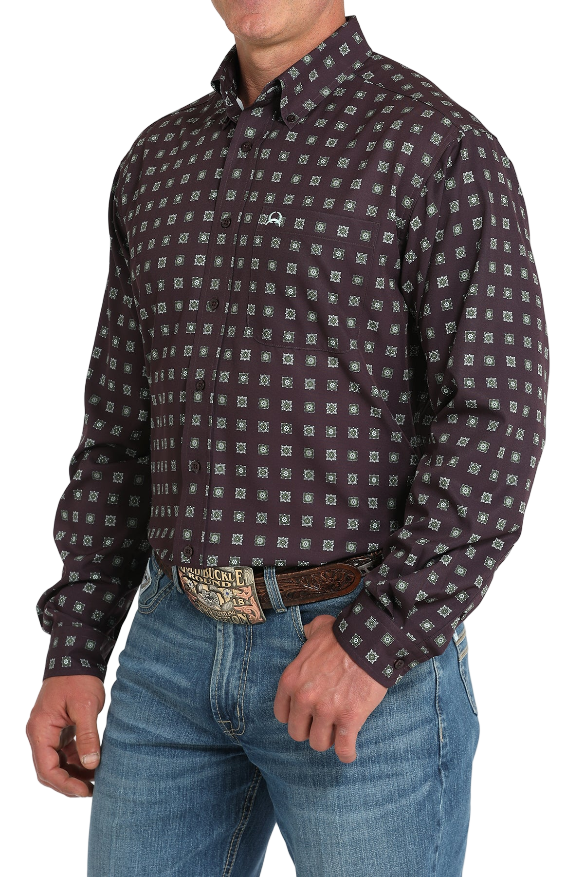 Man wearing a patterned long sleeve button-down shirt and jeans on a transparent background 