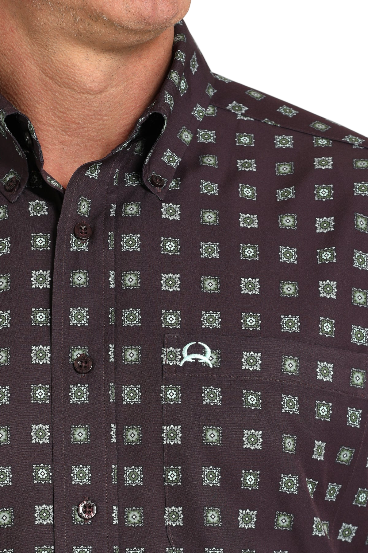 Close-up of a man wearing a patterned maroon long sleeve button-down shirt on a transparent background 