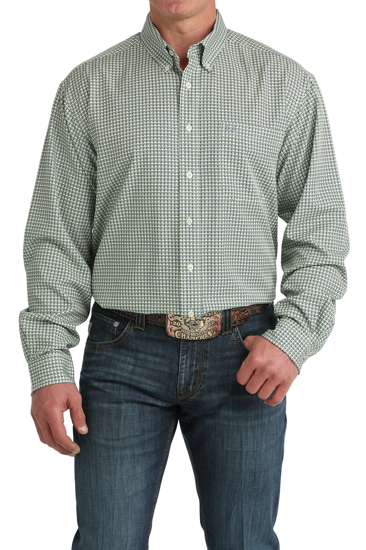 Man wearing a green checkered shirt and blue jeans on a white background