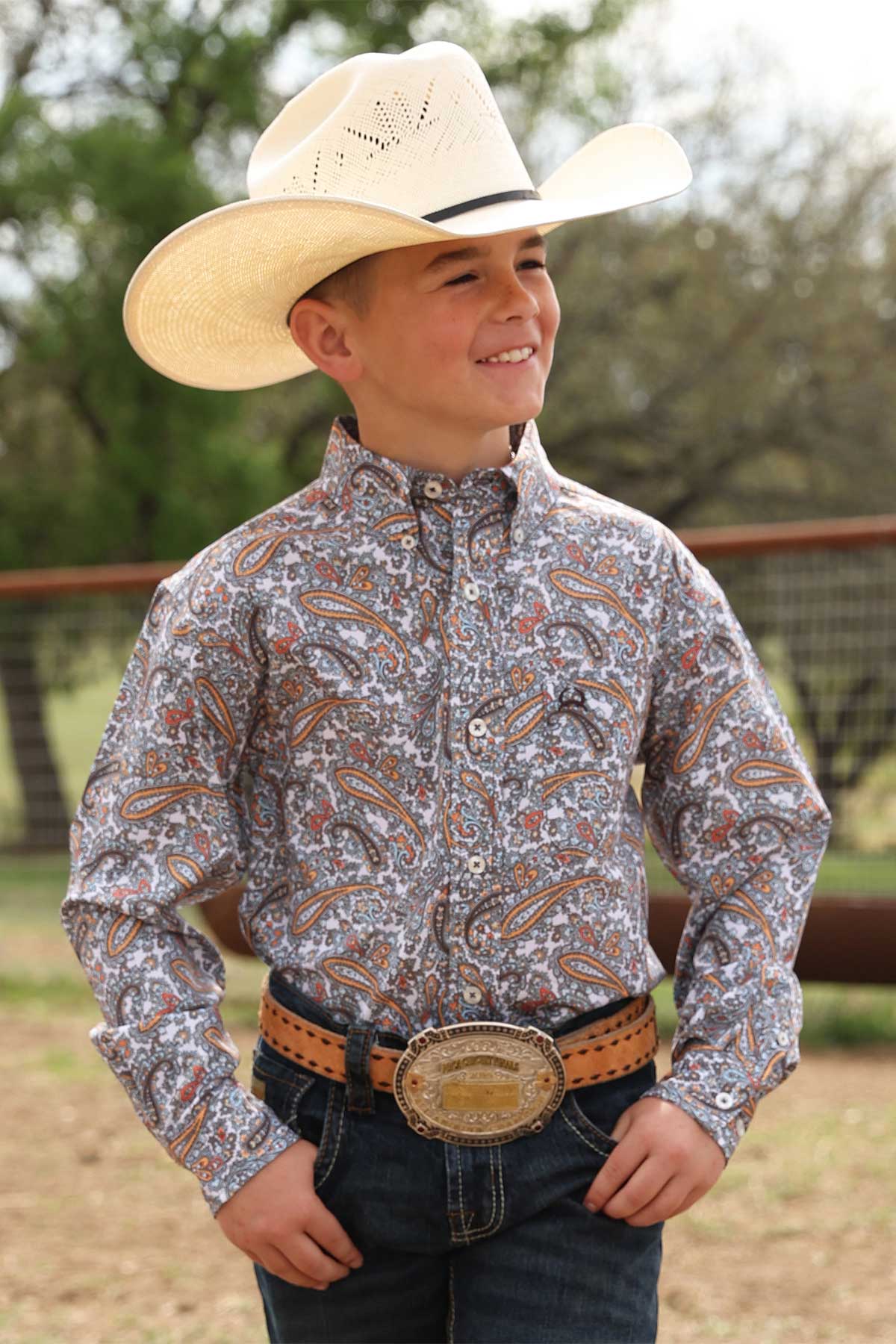 CINCH BOYS LONG SLEEVE PRINT ARENAFLEX SHIRT - WHITE