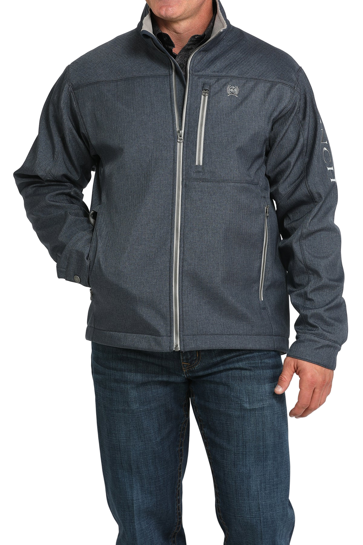 Man wearing a blue zip-front jacket, paired with dark jeans