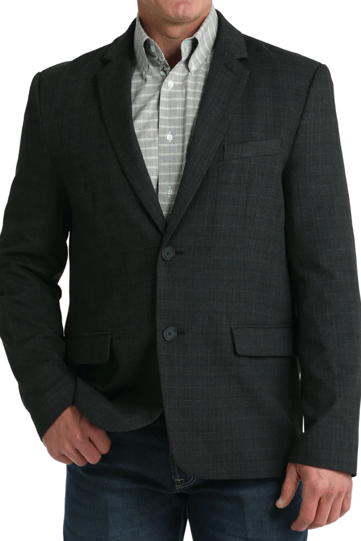 Dark gray suit jacket worn by a person on a white background