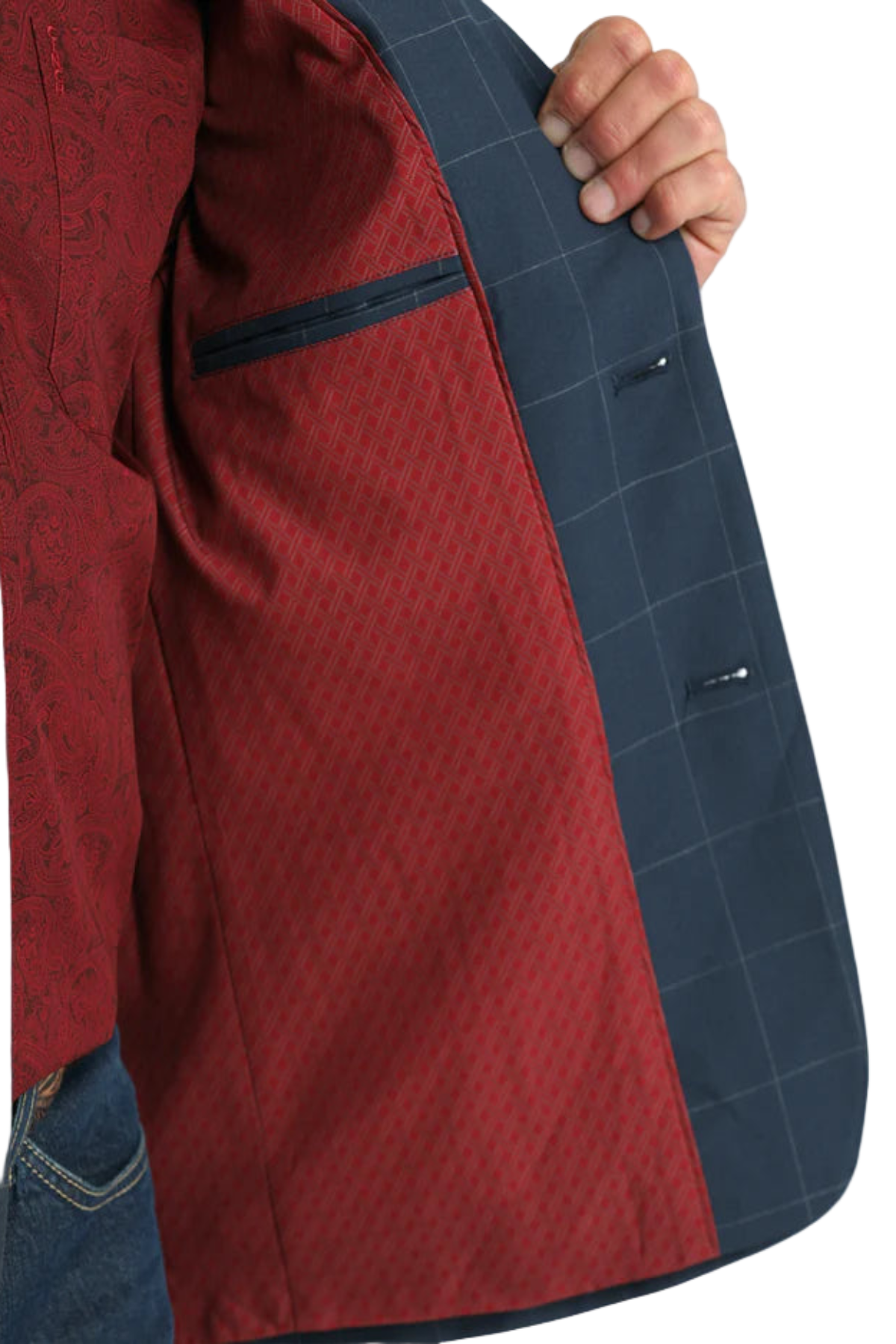 Close-up of a red and navy jacket with a patterned design.