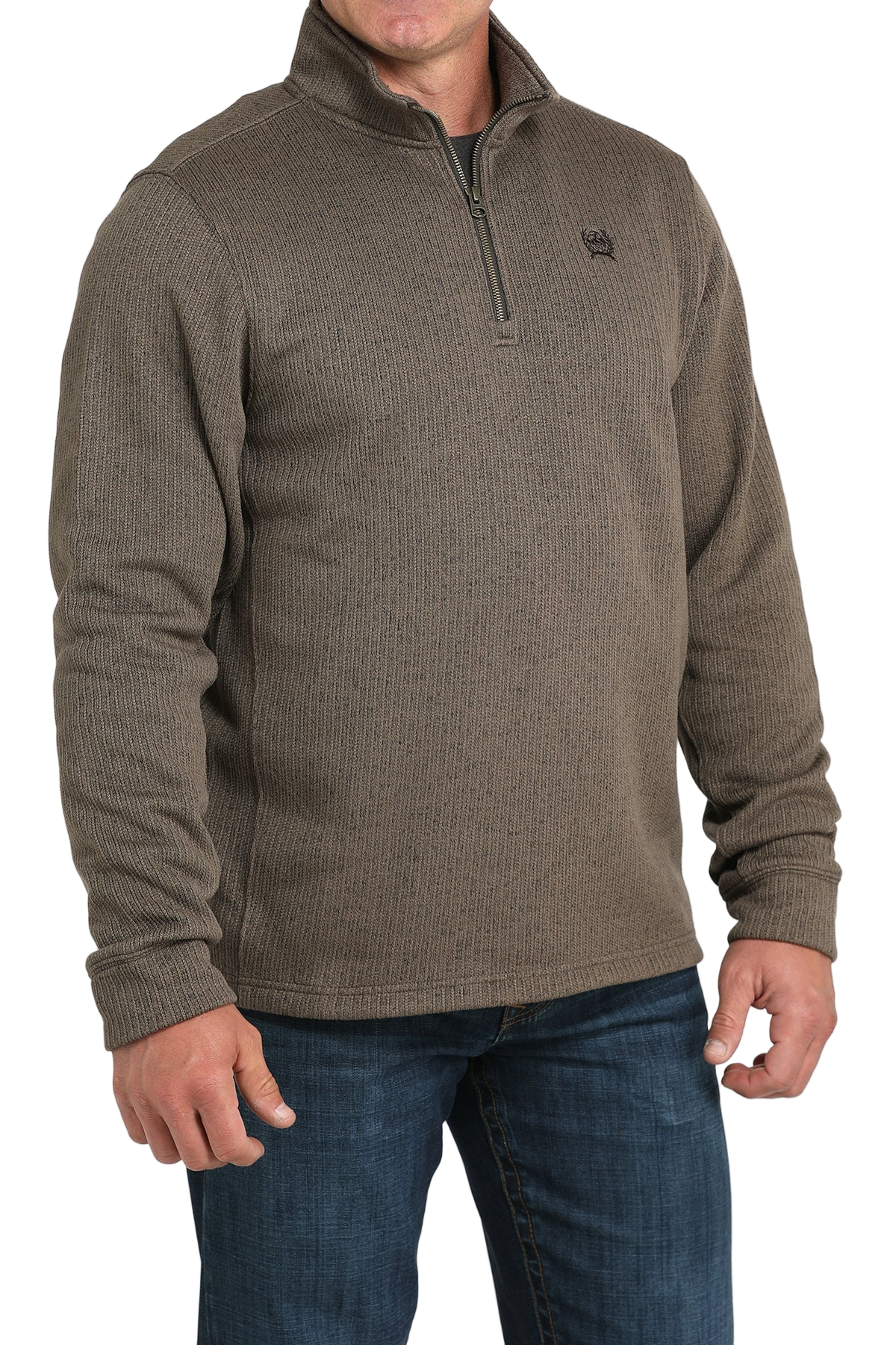 Man wearing a brown textured pullover with a quarter-zip design on a white background