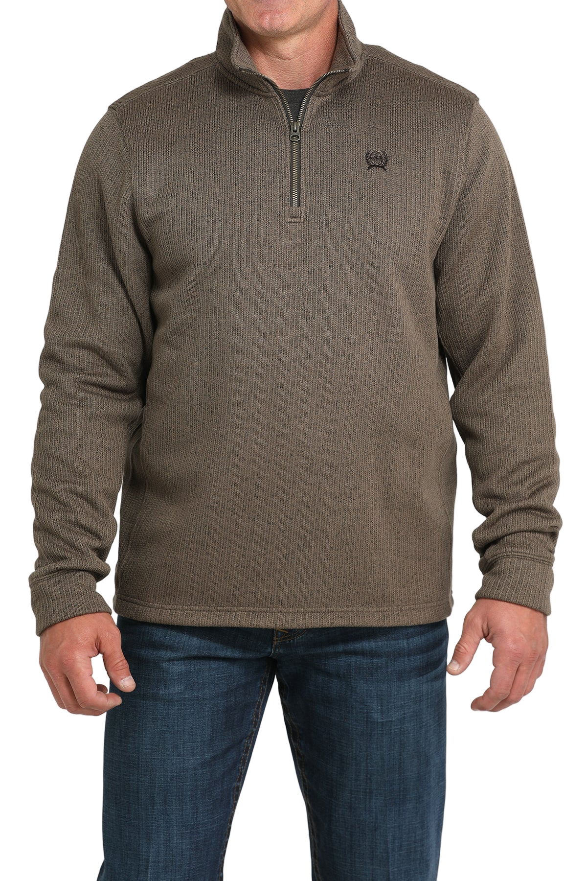 Man wearing a brown textured pullover with a quarter-zip design on a white background