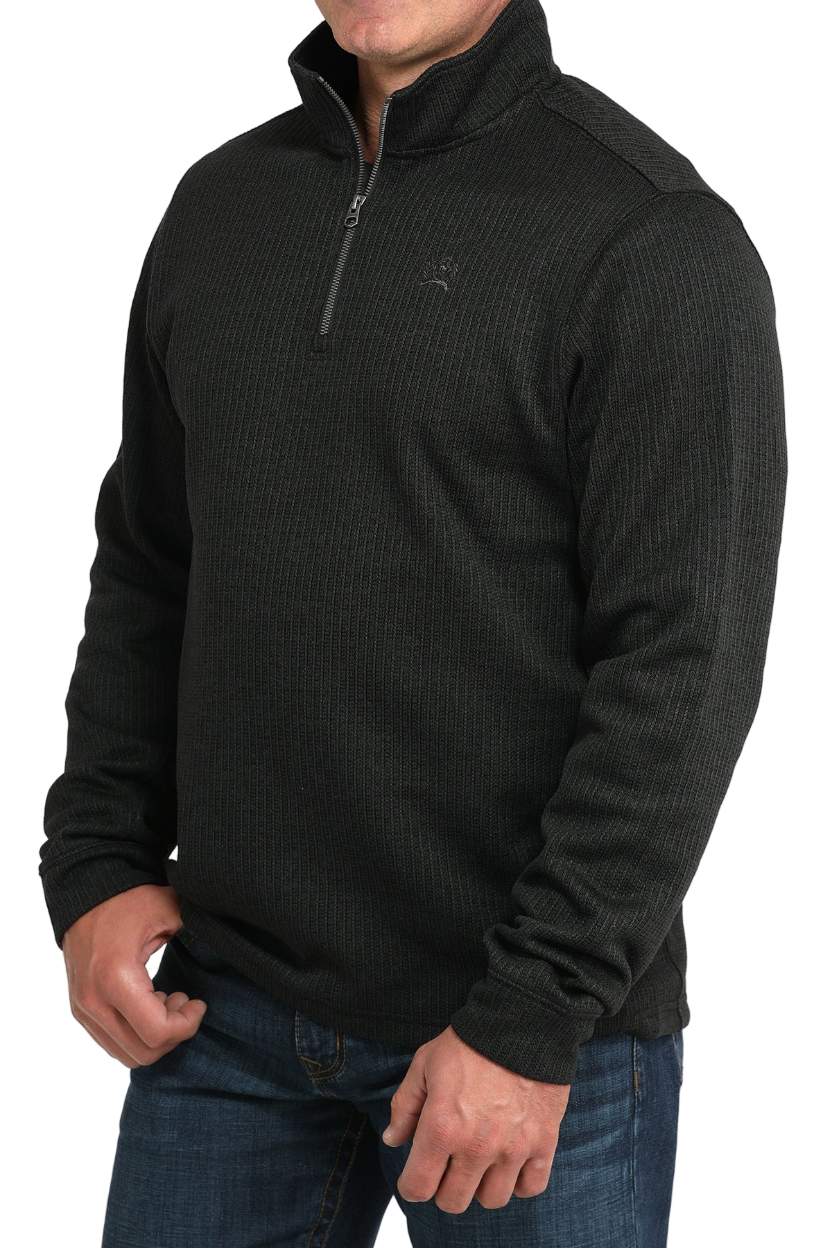 Black quarter-zip sweater worn by a person on a white background