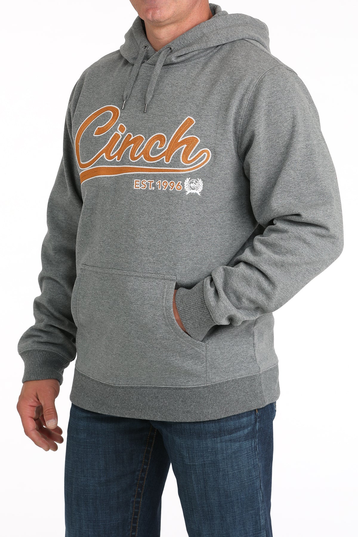 Gray hoodie with 'Cinch' logo on a white background