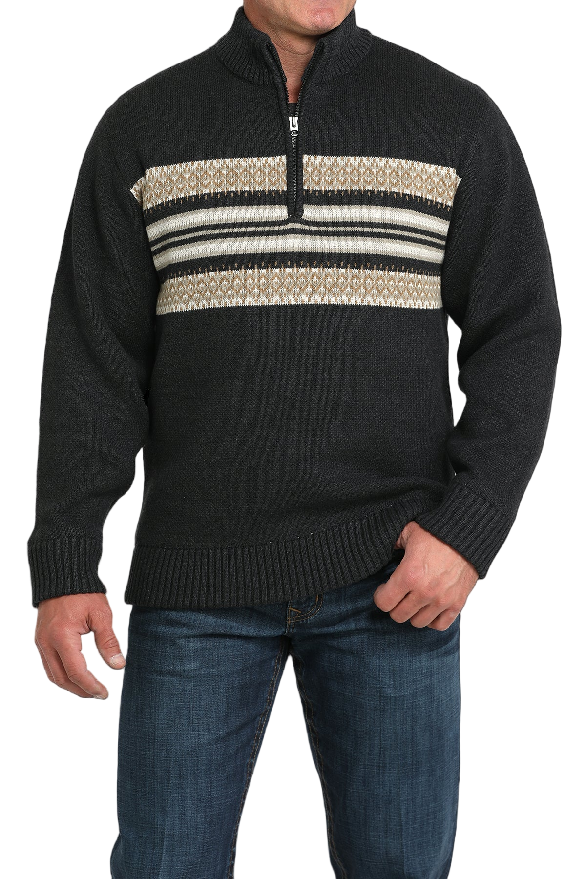 Black sweater with patterned chest area worn by a person on a white background