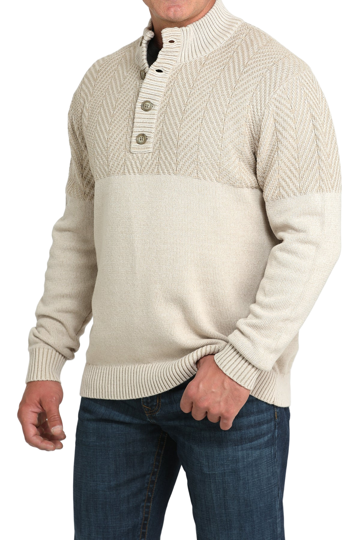 Man wearing a beige half-zip sweater with buttons on a white background