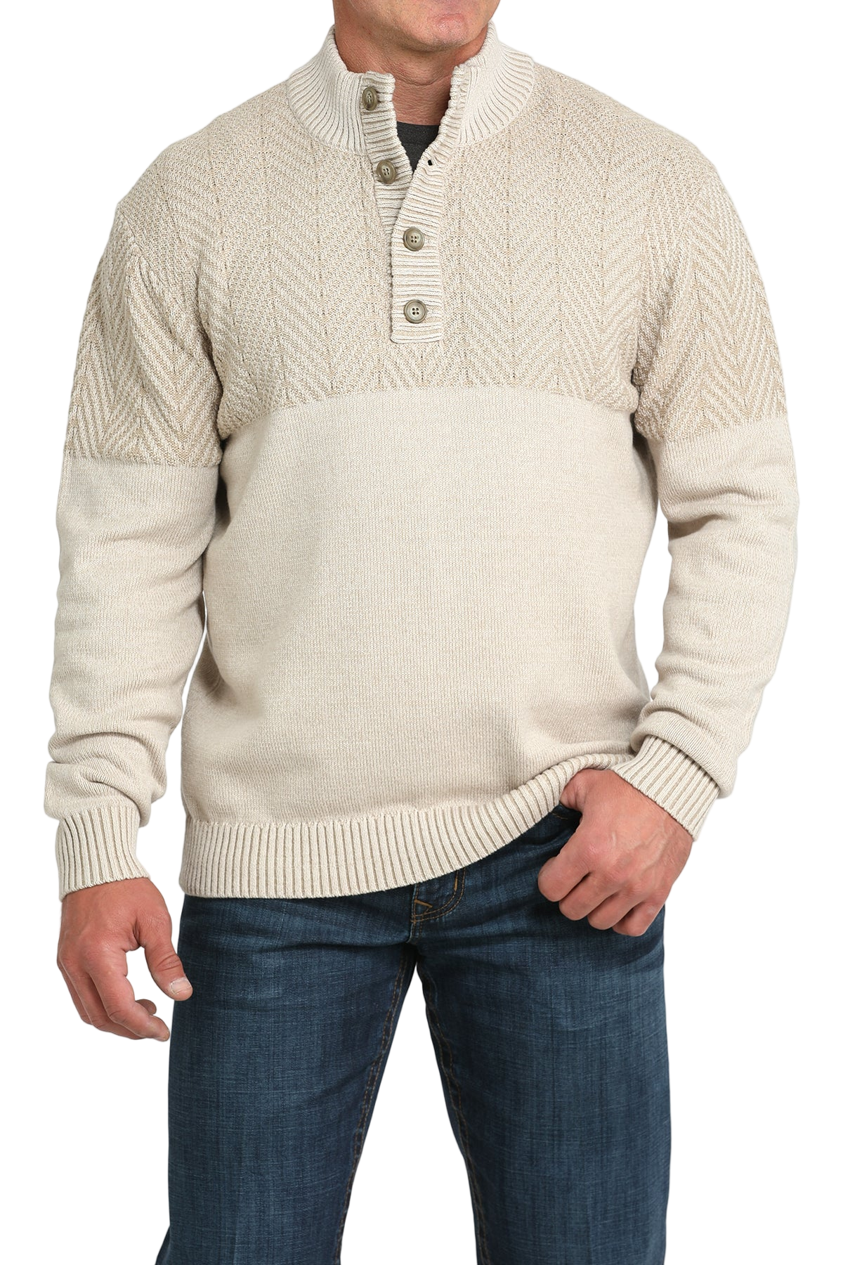 Man wearing a beige half-zip sweater with buttons on a white background