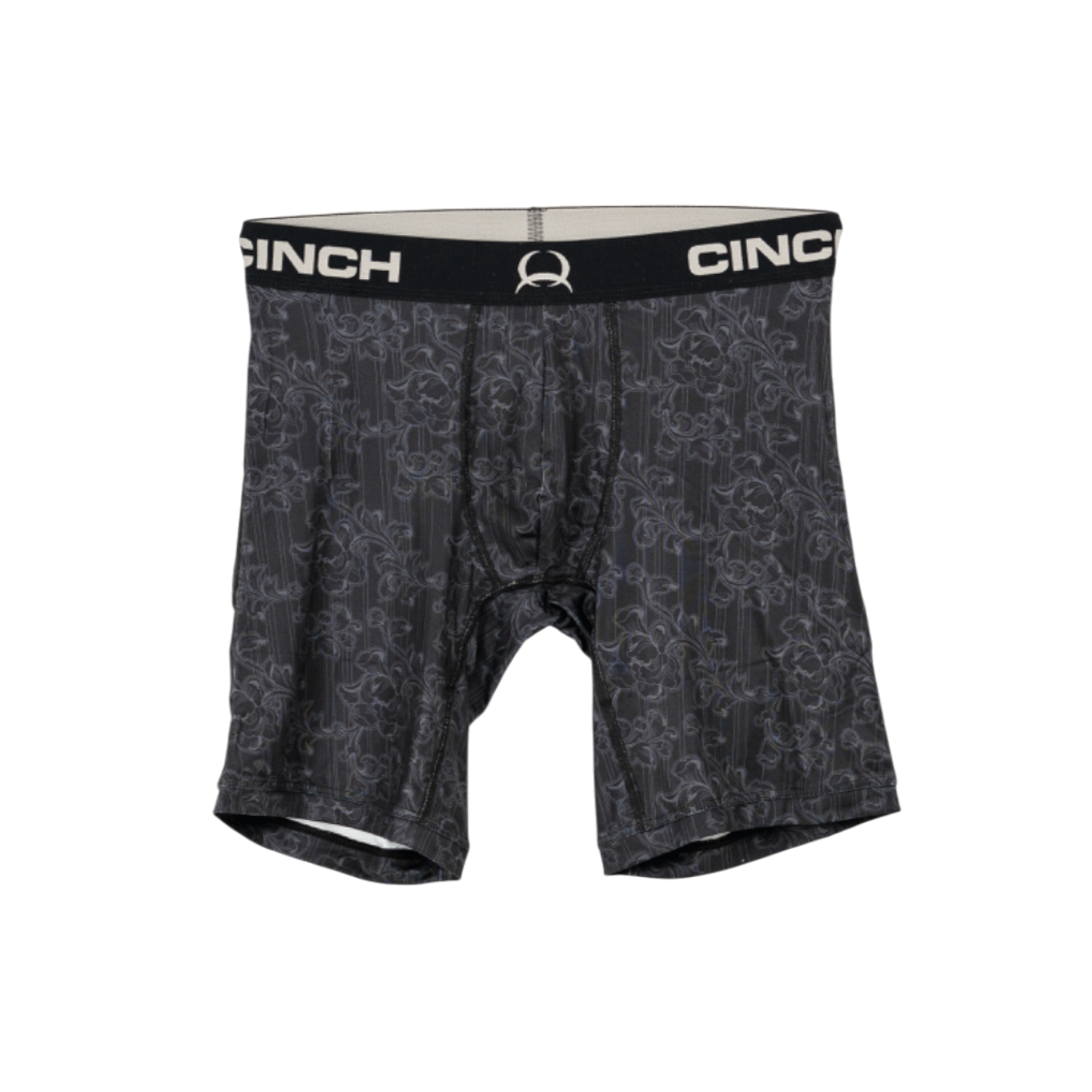 A pair of men’s boxer briefs with a black floral pattern and a black elastic waistband featuring the Cinch logo
