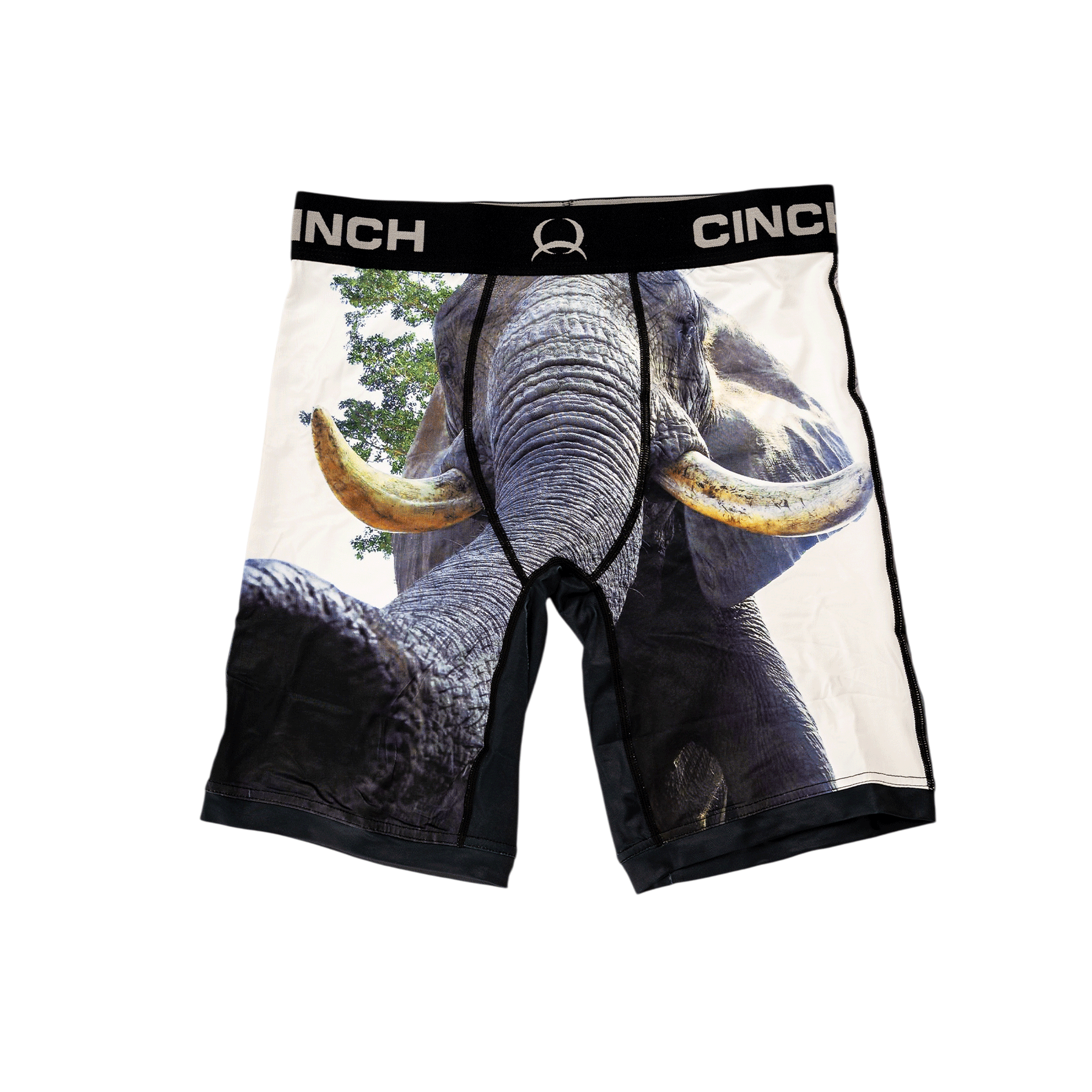 Front view of men's Cinch underwear with a black waistband, featuring a picture of an elephant