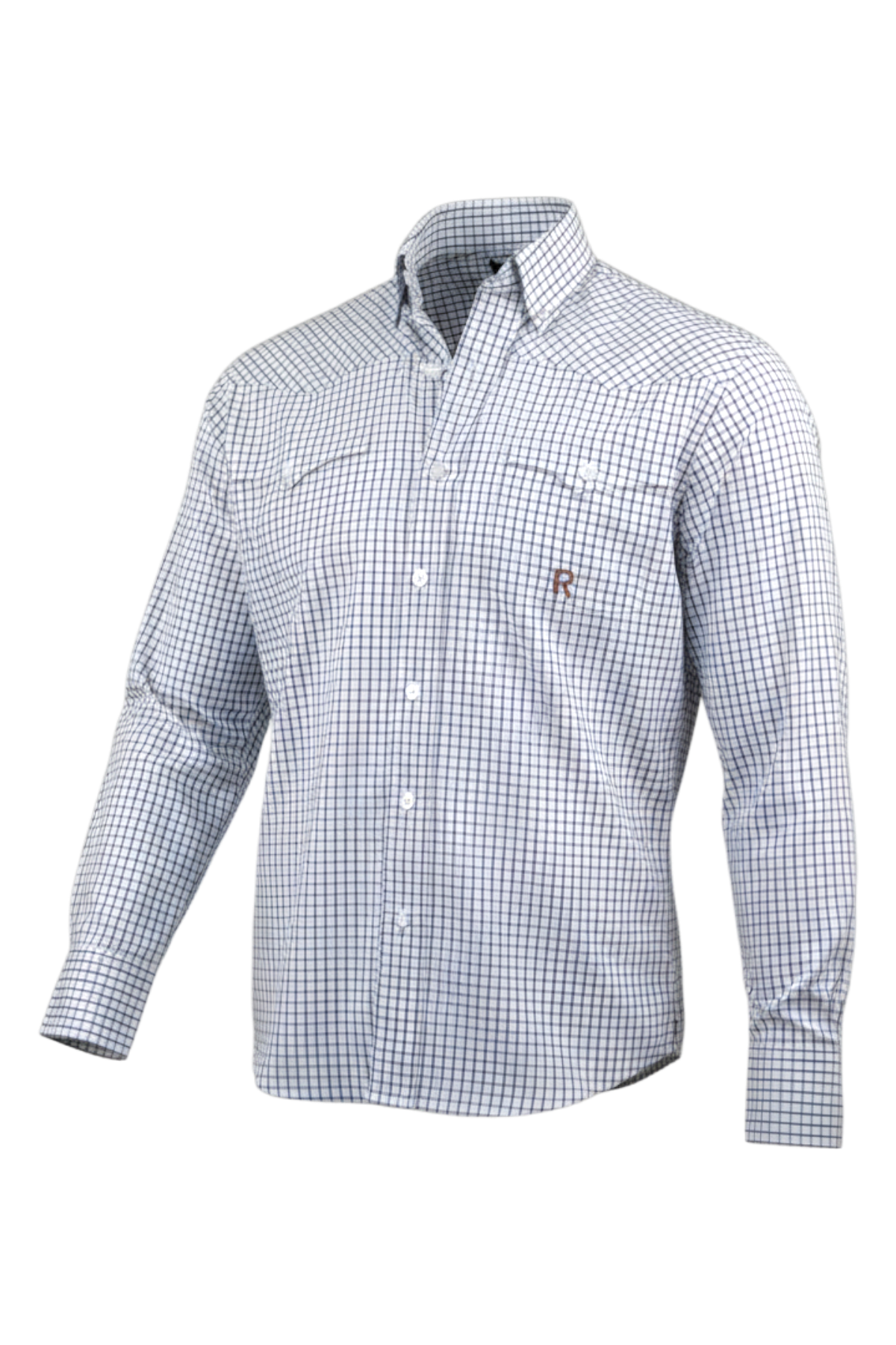 Front of a light blue patterned long sleeve button-down shirt on a transparent background