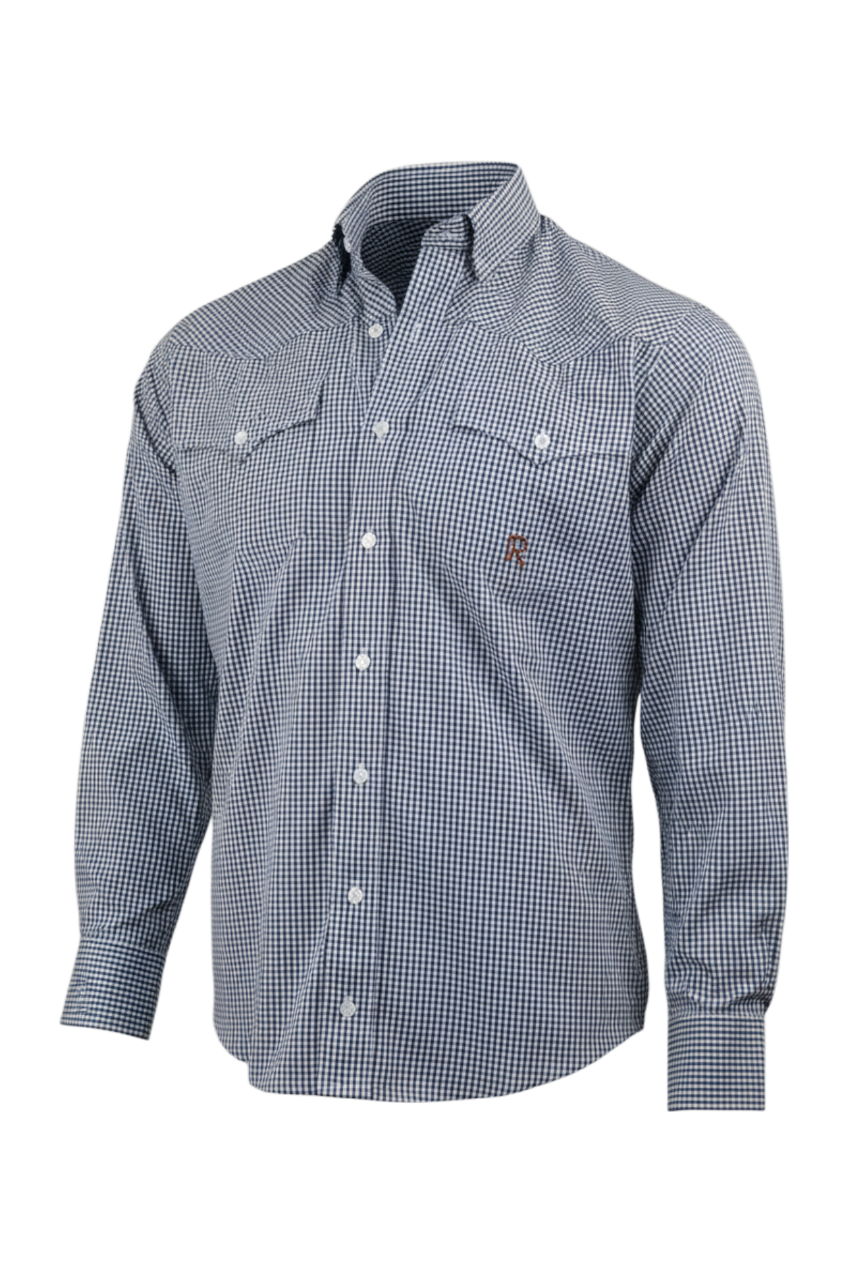 Front of a light blue patterned long sleeve button-down shirt on a transparent background