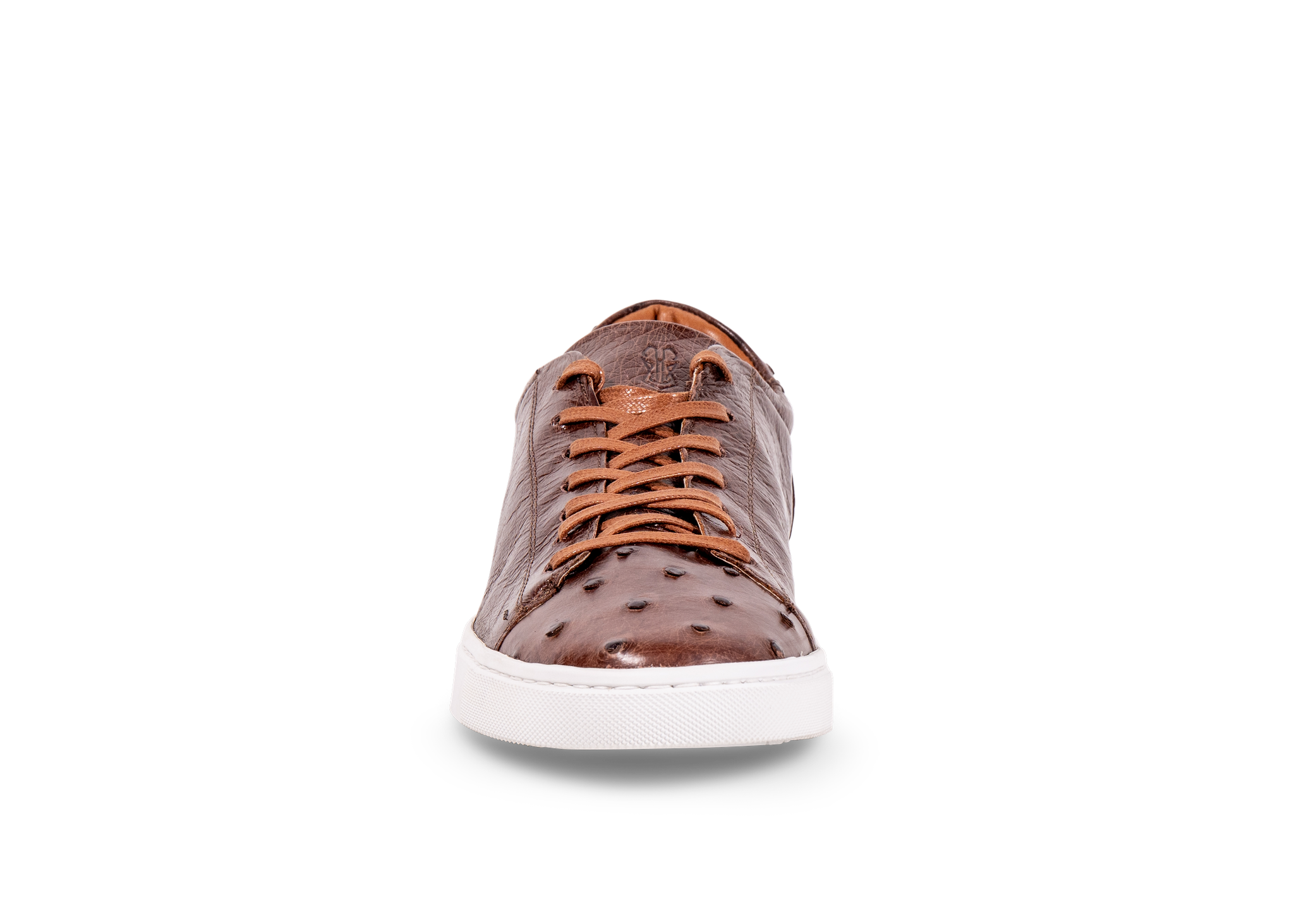 Go West Supply cognac ostrich leather sneaker with white sole on a white background