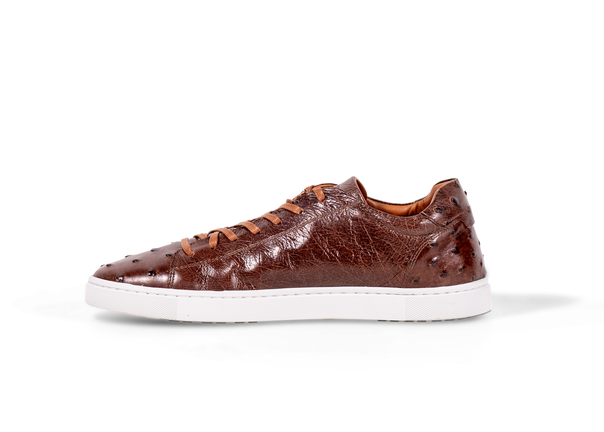 Go West Supply cognac ostrich leather sneaker on a white background