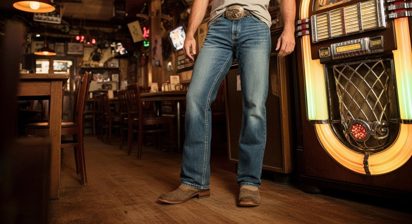 Close-up of a man wearing light wash bootcut jeans, a gray t-shirt, and boots, standing next to a vintage jukebox inside a rustic western bar