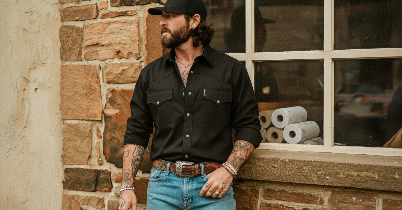 Man with tattoos standing outside in front of a building wearing a black long sleeve button-down, jeans, a hat, and a western belt