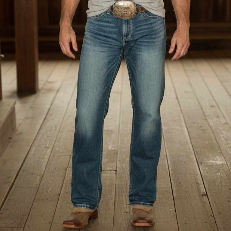 Man wearing light wash bootcut jeans with a brown belt and large buckle, standing on a wooden floor with boots visible