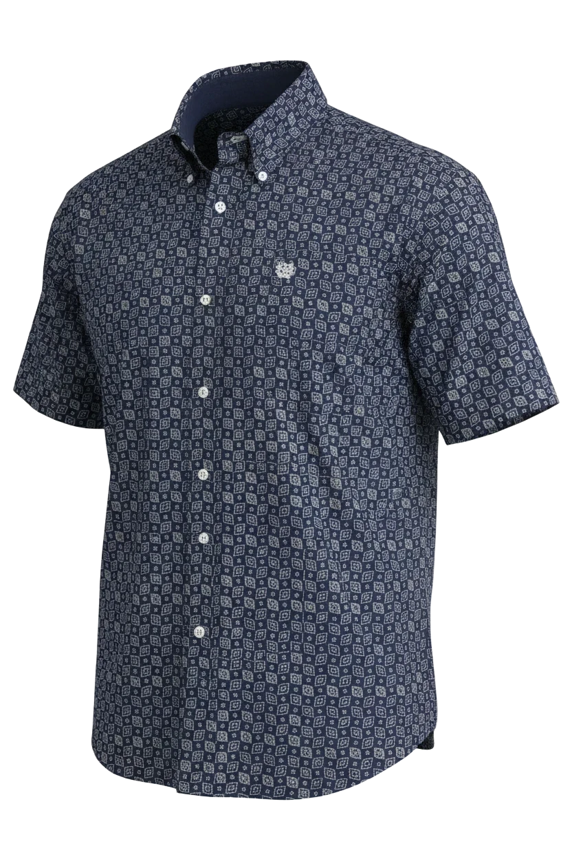 Go West Supply men's short sleeve navy blue shirt with allover geometric print, classic collar, and chest pocket.