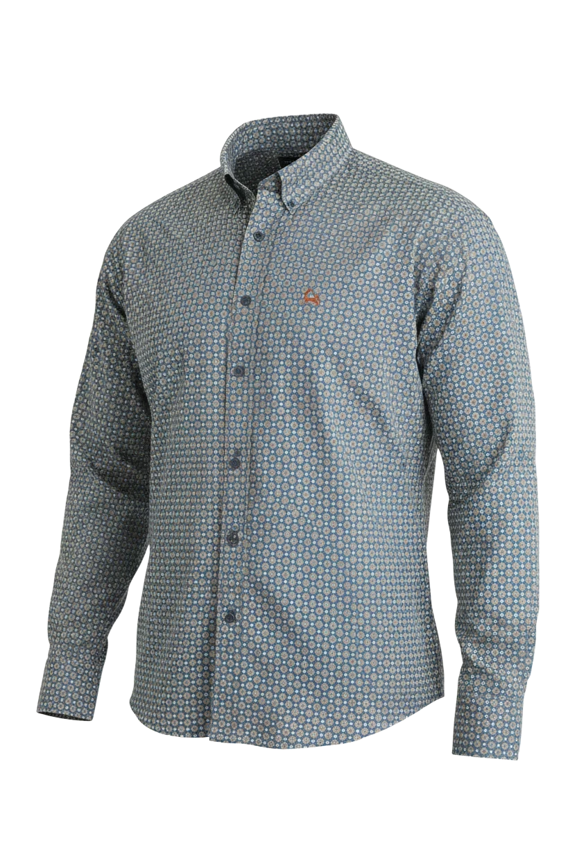 Go West Supply men's blue long sleeve button-down shirt with all-over geometric print and chest pocket.