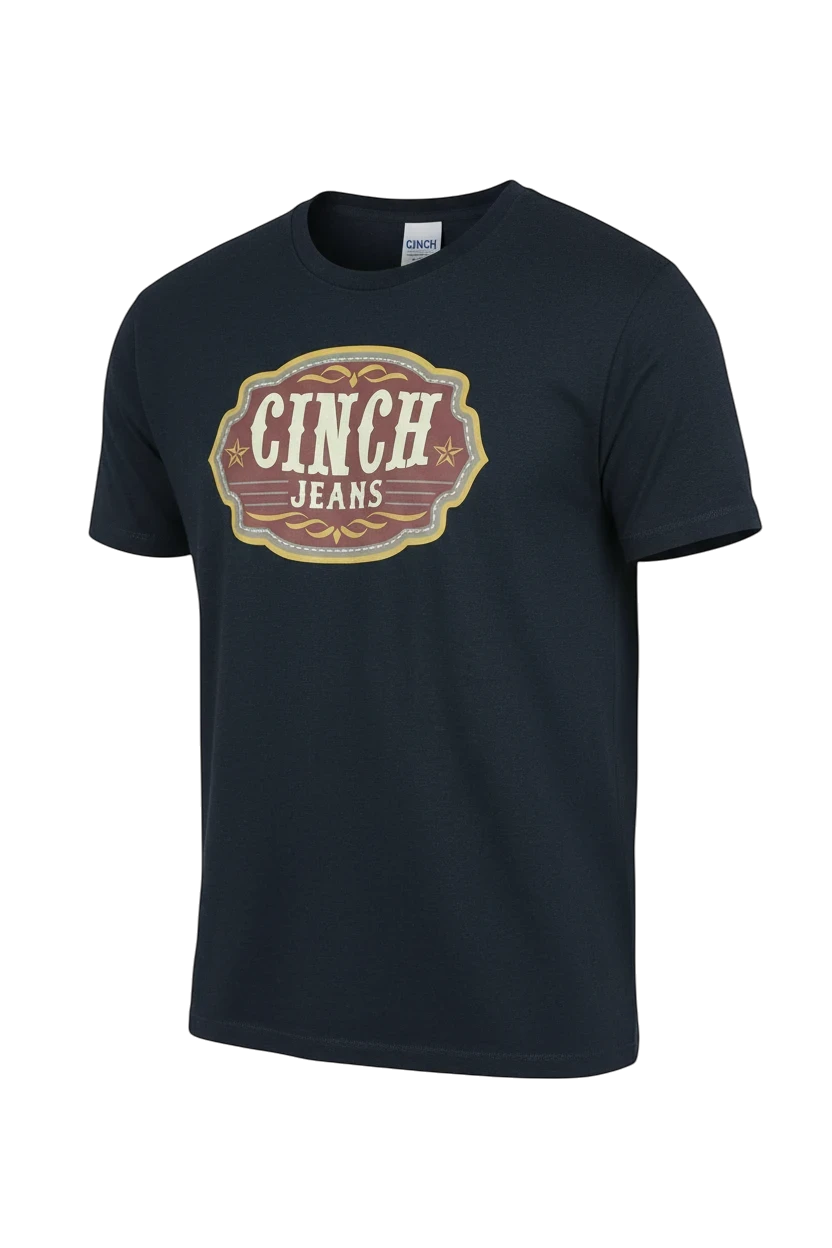 Go West Supply men's navy cotton t-shirt with vintage CINCH Jeans logo graphic and crew neck.