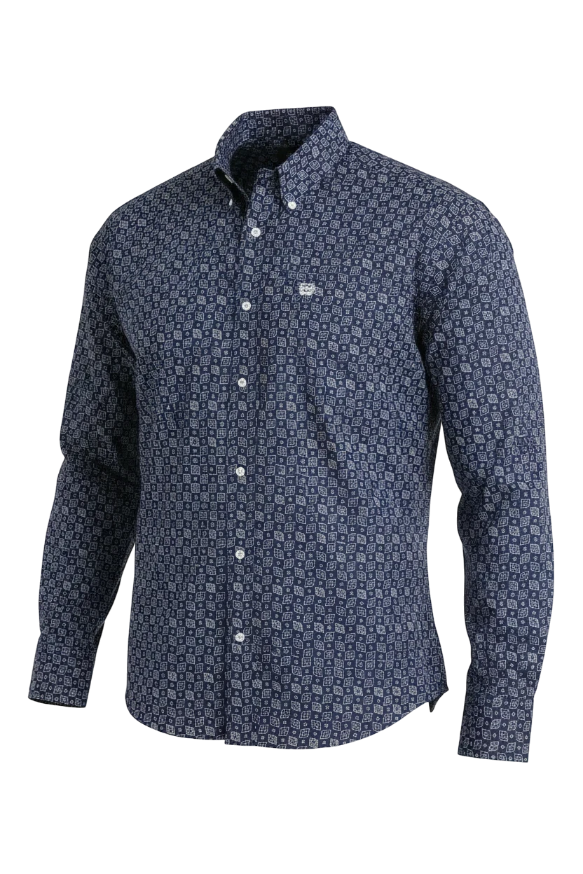 Go West Supply men's navy blue long sleeve shirt with allover geometric print, button front, chest pocket, and crisp collar.