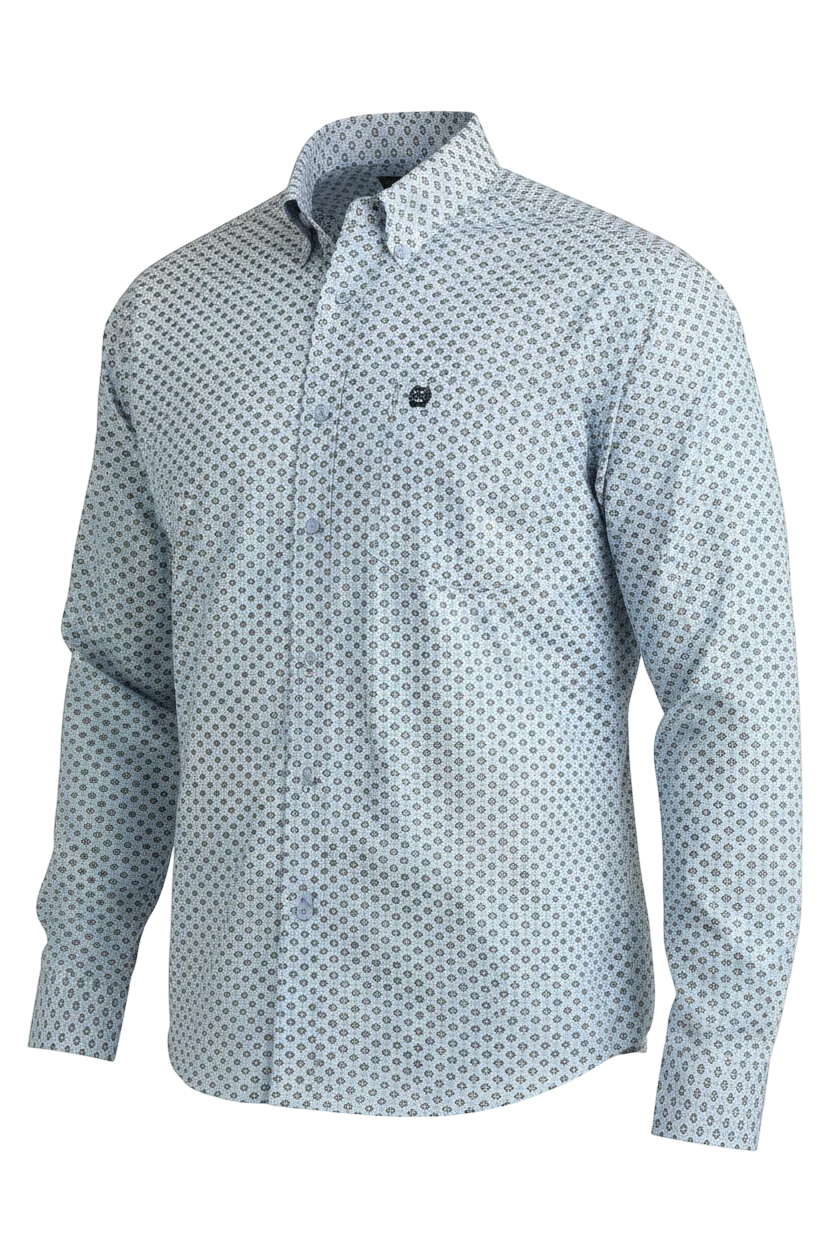 Go West Supply men's light blue long sleeve button-down shirt with an allover geometric print and chest pocket.