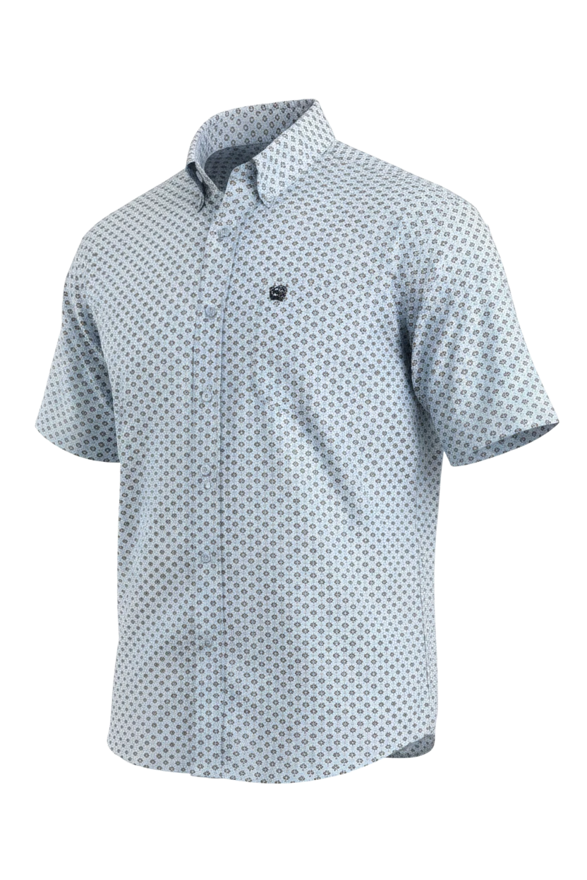 Go West Supply men's light blue short sleeve button-down shirt with allover geometric print and chest pocket logo.